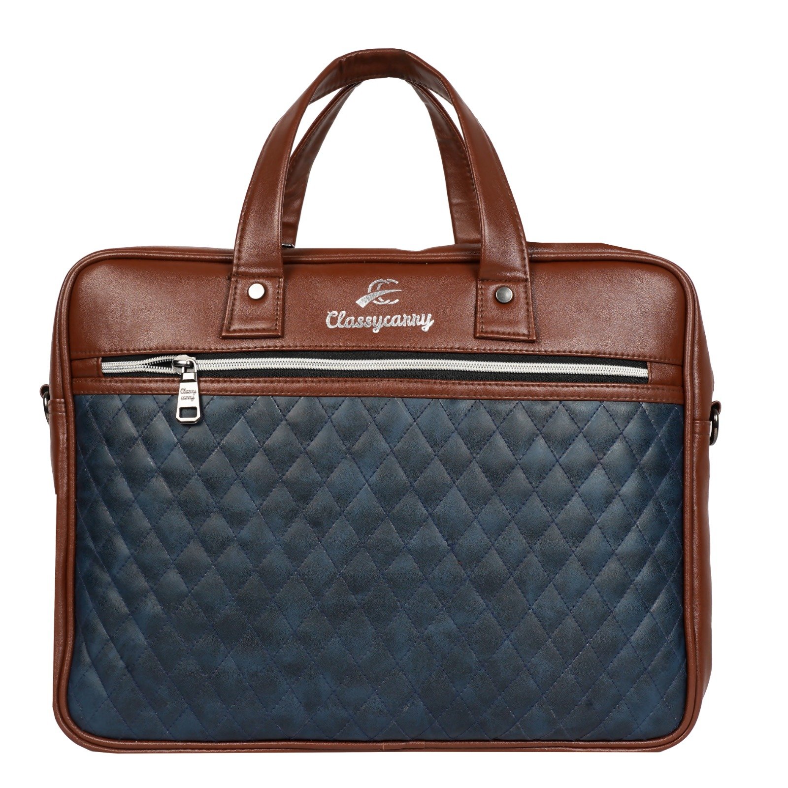 Navy Blue & Brown Quilted Laptop Bag
